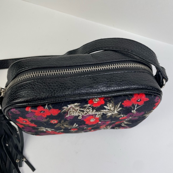 Libby Edelman Black Vinyl Geranium Floral Velour Print Small Crossbody Bag Purse - Picture 3 of 7